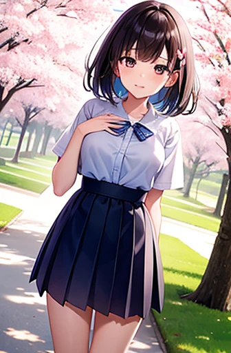 Junior high school girl standing under a big cherry tree、Many cherry blossom petals fluttering down、Shooting from a distance