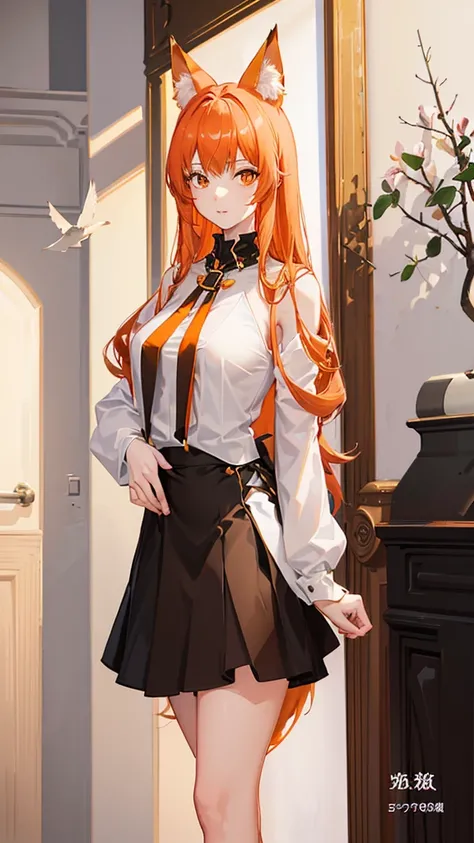 Standing full-length photo in anime style of a pretty 20-year-old girl with long, half-length orange hair, fox ears. large, delicate body and large bust, wearing sexy  clothes, a loose white blouse, a slim orange tie, a short black skirt, white socks and b...