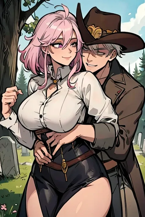 One man. One woman. Perfect faces. Perfect hands. A handsome pink haired cowgirl with violet eyes and an hourglass figure in a sheriffs outfit is hugging a young white haired man in a cowboy outfit in the cemetery in a wild west town with big smiles
