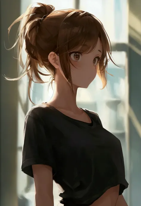 1girl, brown hair, pulled back into a ponytail, Brown eyes, blank look, fair skin, black T-shirt and black shorts