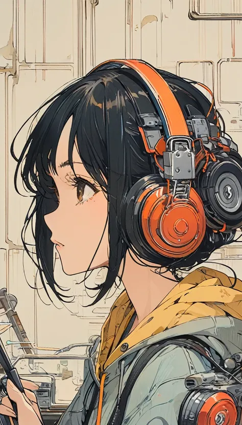 The Style of Kawanabe Kyosai、Black Hair、woman、Yellow hoodie、Black Hair、profile、Headphones、Shortcuts