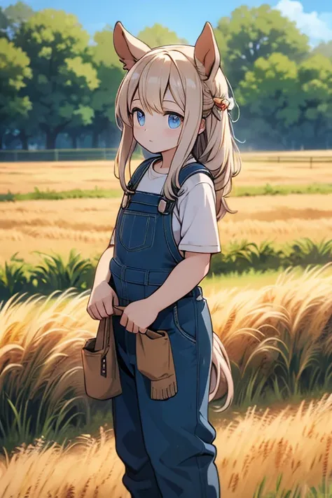 Horse-eared beastman、Overalls、Wheat field background、lean on the fence