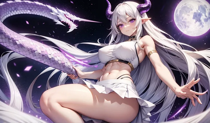 Adult woman with long white hair, Huge breasts,，Demon horn，Purple Eyes，White top，Abdominal muscles，Bare arms，Small white skirt，Bare Legs，Big snake