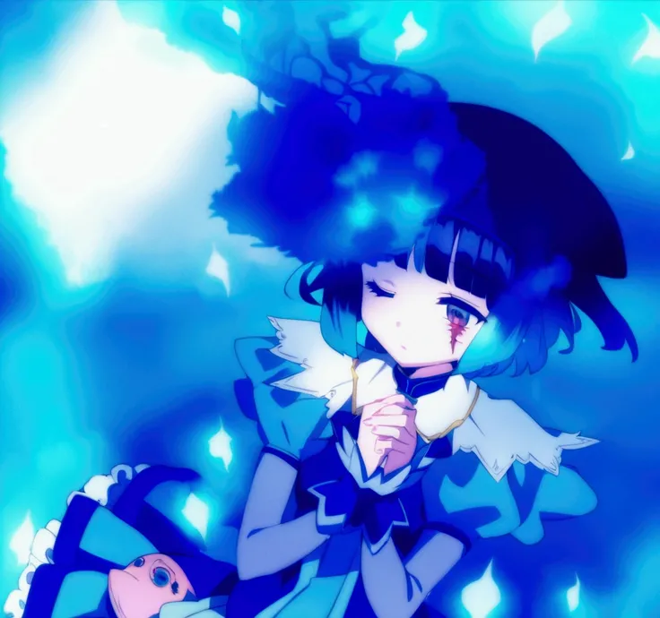 Anime girl with blue hair and blue dress, blue aura, from toho, ulcer toho, ulcer, ulcer from toho, toho character, an anime portrait of ulcer, toho, dreamy psychedelic anime, magical girl anime Mahou Shojo, Fubuki, an aura of magic around her, black-haire...