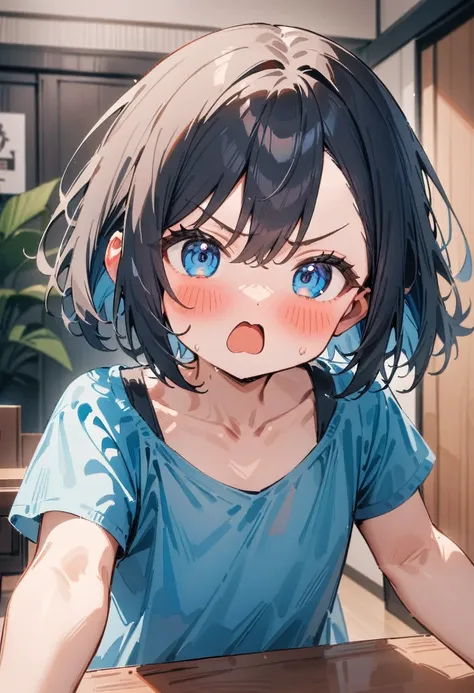 masterpiece, best quality, very aesthetic, absurdres, newest, asymmetrical bangs, tareme, 1girl, solo, looking at viewer, blush, short hair, open mouth, blue eyes, indoors, shirt, black hair, hair between eyes, collarbone, upper body, v-shaped eyebrows, bl...