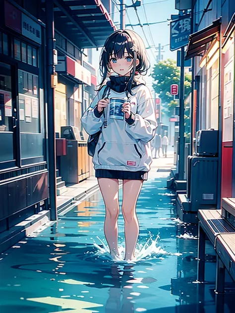 Immerse yourself in cold water up to your chest、bustling street」