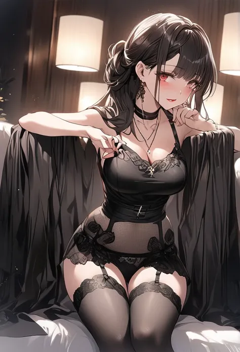 See-through sexy black and red underwear　Soapland　Shy and seductive look　Sexy Body　Clear Eyes　Round eyes　Sit in a luxurious chair　office lady　Japanese women　Manga illustration　Beautiful and firm breasts　Beautiful E Cup Breasts　the body is slim　Highest qual...