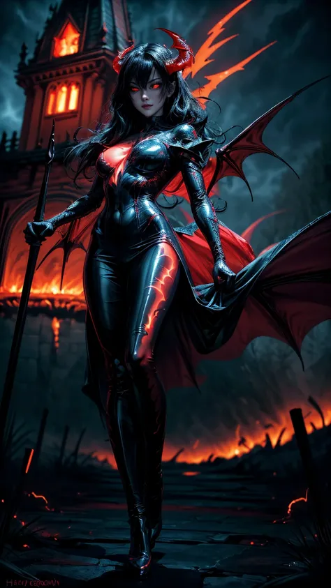 Storyboard, masterpiece, highest quality, dragonlady queen, perfect demoness, long legs, hourglass fugure, bright red glowing eyes, detailed eyes (1.4), scars on face, villainous expression, flaming skin body with bioluminescent glowing pattern, ready for ...