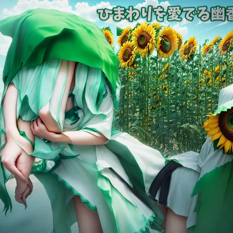 Anime girl with green hair and green eyes standing in front of a sunflower, from East, Higurashi, East, Anime-style 3D, in ryuuou no oshigoto art style, East project, East character, Beautiful sunflower anime girl, Yoseharu Agotoge, fubuki, Created by Anim...