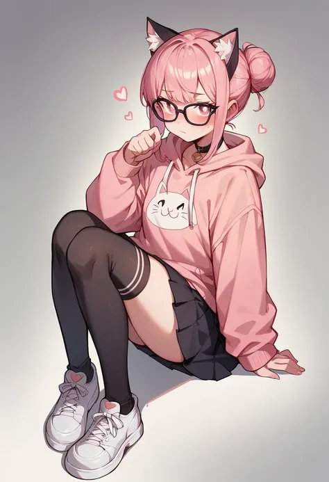 I have white pink hair, cat ears, a bun, my face is super blushing, black glasses, pink heart eyes, a big pink sweatshirt, a black skirt, black stockings, white shoes, a cat&#39;s tail, a girl. Very shy