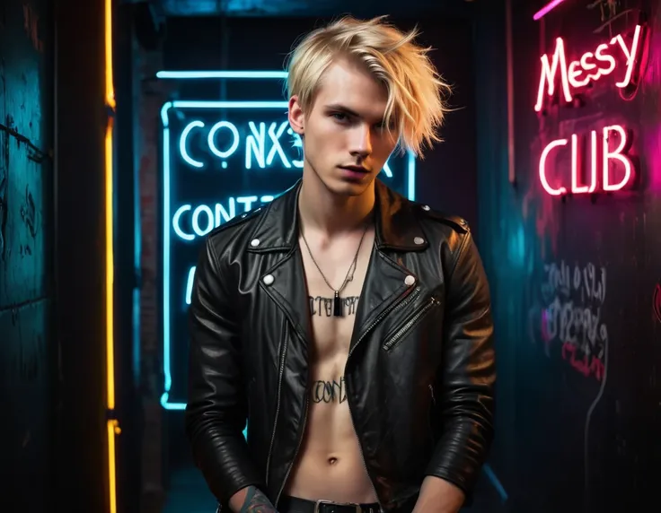 Photorealistic, dark vibes, solo, young man, 22 years, pale skin, model (skinny:1.3), (short messy blond hair:1.5), (black leather jacket:1.3), holding knife, dark lighting, foreboding, sexy, (neon sign that says:"CONTEXT":1.4), night club setting, BDSM ba...