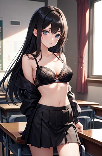 Highest quality, girl, High resolution,classroom、black lace bra、Black Skirt、Straight hair、17 years old