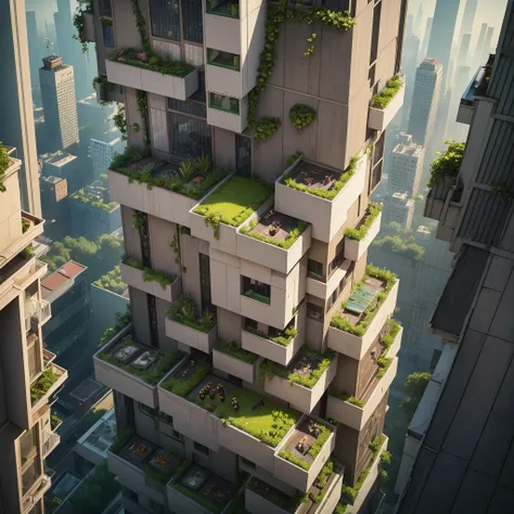 a young enthusiastic beekeeper tending to his beehives in an urban setting, vertical gardening and rooftop gardens on every building, drone aerial view, photorealistic, cinematic lighting, vibrant colors, lush greenery, detailed architecture, clean composi...