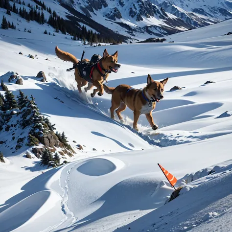 Search and Rescue Dog in Action: A dog finding a lost hiker in the mountains.