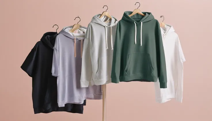 A neatly arranged T-shirt and a hoodie lie next to each other on a beautiful background. The background is bright and aesthetically pleasing, possibly with a soft gradient or a subtle pattern, that highlights the products. The T-shirt and hoodie are carefu...