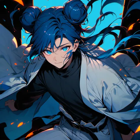 (well done:1) man, vibrant blue hair with two buns on each side of the head with some loose strands that fall around the face, blue eyes, white haori closed, black shirt, black belt tied around the waist, white pants, wooden clog.