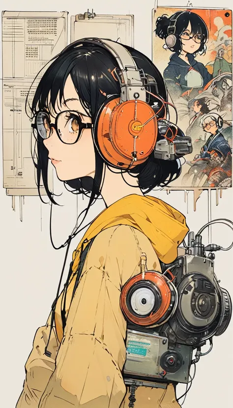 The Style of Kawanabe Kyosai、Black Hair、woman、Yellow hoodie、Glasses、profile、Headphones、Shortcuts