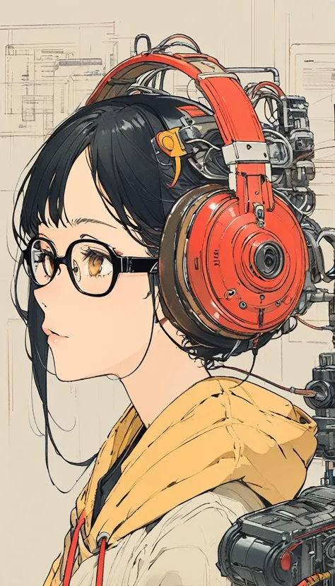 The Style of Kawanabe Kyosai、Black Hair、woman、Yellow hoodie、Glasses、profile、Headphones、Shortcuts