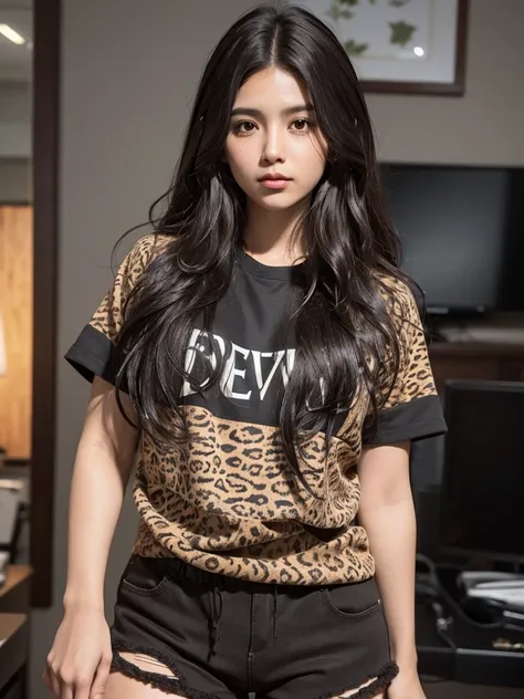 dark brown skin, latin face. Medium long hair with waves, layered and with fluffy volume, black color. Light brown color, big cheeks, slim, animal print shirt and black shorts