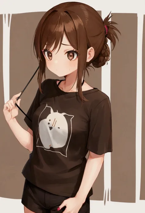 1girl, brown hair, pulled back into a ponytail, Brown eyes, blank look, fair skin, black T-shirt and black shorts