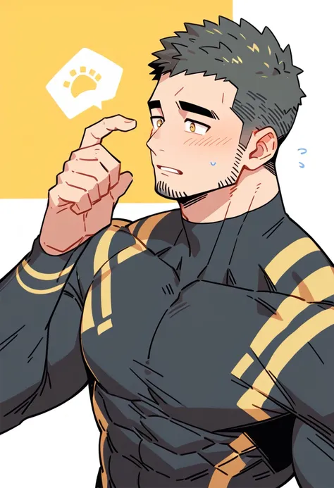 anime characters：Gyee Priapus, Muscle Sports Student, Buzz Cut, Manliness, male focus, Compression bodysuit, Yellow and black striped high collar long sleeve tight T-shirt, Very tight, Regular symmetrical pattern, full and perky chest muscles, muscular mal...