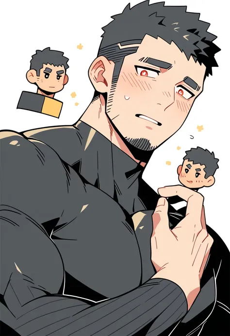 anime characters：Gyee Priapus, Muscle Sports Student, Buzz Cut, Manliness, male focus, Compression bodysuit, Yellow and black striped high collar long sleeve tight T-shirt, Very tight, Regular symmetrical pattern, full and perky chest muscles, muscular mal...