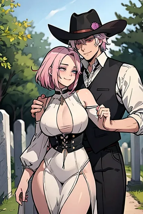 One man. One woman. Perfect faces. Perfect hands. A handsome pink haired cowgirl with violet eyes and an hourglass figure in a sheriffs outfit is hugging a young white haired man in a cowboy outfit in the cemetery in a wild west town with big smiles
