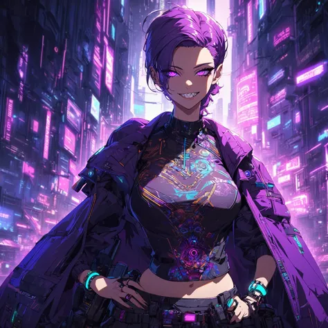 a lady that has Narrowed eyes, slightly pointed nose, Wide sinister grin with sharp teeth, Wearing a purple cape that is smoky and gaseous, wearing a top casual outfit that is fitted, stylish, purple colors, with intricate designs and symbols, wearing skir...