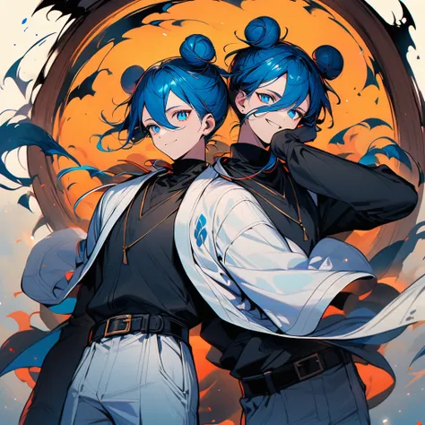 (well done:1) man, vibrant blue hair with two buns on each side of the head with some loose strands that fall around the face, blue eyes, white haori closed, black shirt, black belt tied around the waist, white pants, wooden clog.