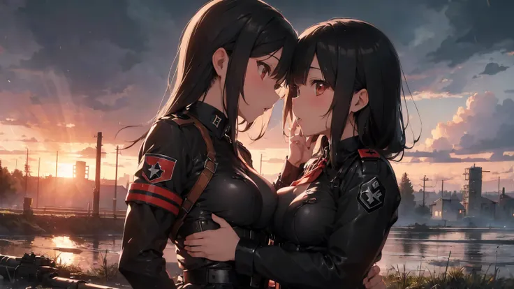  Gestapo uniform, female lesbian  kawaii sisters kissing passionately with T-54 military tank. wearing Luftwaffe uniforms. 8k. masterpiece. best quality. best artwork. lingerie. Swastika insignia red armband. busty bare breasts. nipples.  rain storm sunset...