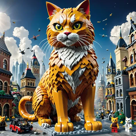 best quality, very good, 16K, ridiculous, Very detailed, Giant Cat，Made of Lego, Destroying the city（（A masterpiece full of fantasy elements）））， （（best quality））， （（Intricate details））（8K）