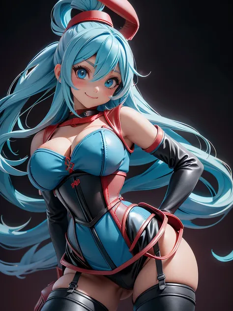 Aqua Konosuba, female, Blue long hair, blue eyes, (((1 girl))), (((red leather corset))), (black opera fingerless gloves), (black thigh high high heel boots), (black leather panties), cute and sexy, whole body, Big breasts, big ass, Long legs, smiling