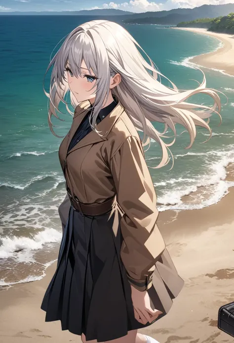 ((masterpiece)), ((Highest quality)), ((High resolution)), ((Highly detailed CG Unity 8k wallpaper)), alone, Tachibana Sonata, Brown uniform, Black Skirt, White socks, Outdoor, face, curtained hair, Beach, Parted hair, Silver Hair