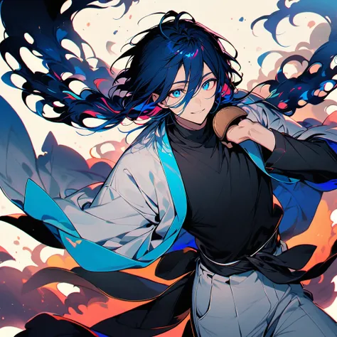 (well done:1) man, long vibrant blue hair with loose strands on each side of the head with some loose strands that fall around the face, blue eyes, closed white haori, black shirt, black sash tied around the waist, white pants , wooden clog.