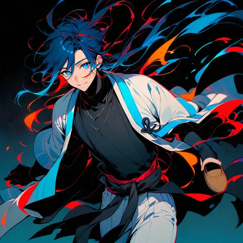 (well done:1) man, long vibrant blue hair with loose strands on each side of the head with some loose strands that fall around the face, blue eyes, closed white haori, black shirt, black sash tied around the waist, white pants , wooden clog.