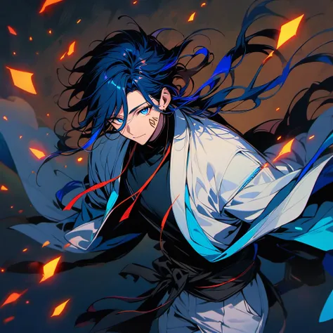 (well done:1) man, long vibrant blue hair with loose strands on each side of the head with some loose strands that fall around the face, blue eyes, closed white haori, black shirt, black sash tied around the waist, white pants , wooden clog.