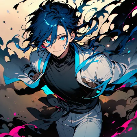 (well done:1) man, long vibrant blue hair with loose strands on each side of the head with some loose strands that fall around the face, blue eyes, closed white haori, black shirt, black sash tied around the waist, white pants , wooden clog.