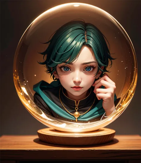 (boy trapped in a crystal ball),alone, fantasy art style,guweiz style work, dark green hair，best quality best at best, round gla...