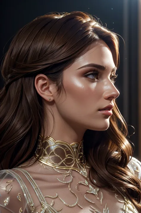 Estelle profile face angle, glistening skin, studio, super detailed, HD, visible pores, perfect hair, very detailed hair, perfect, very beautiful, a hyper realistic, masterpiece, highly detailed, cinematic lighting, ray tracing, cinematic composition. awar...