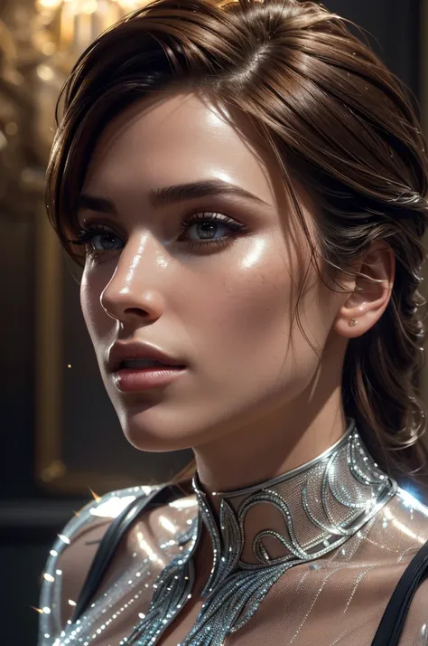 Estelle profile face angle, glistening skin, studio, super detailed, HD, visible pores, perfect hair, very detailed hair, perfect, very beautiful, a hyper realistic, masterpiece, highly detailed, cinematic lighting, ray tracing, cinematic composition. awar...