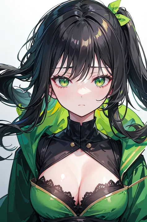 portrait, upper body face through torso, black hair, long wavy side ponytail, eromanga, half closed eyes, green eyes, boring face,dark green cloak, B cup