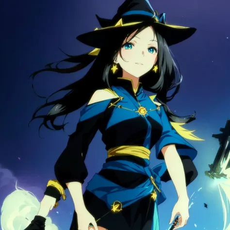 anime characters in costumes witch, black - haired mage, witch girl, flirty anime witch casting magic, bright witch, astral witch clothes, anime style",  sky witch, Black hair, standing, bare legs, black boots