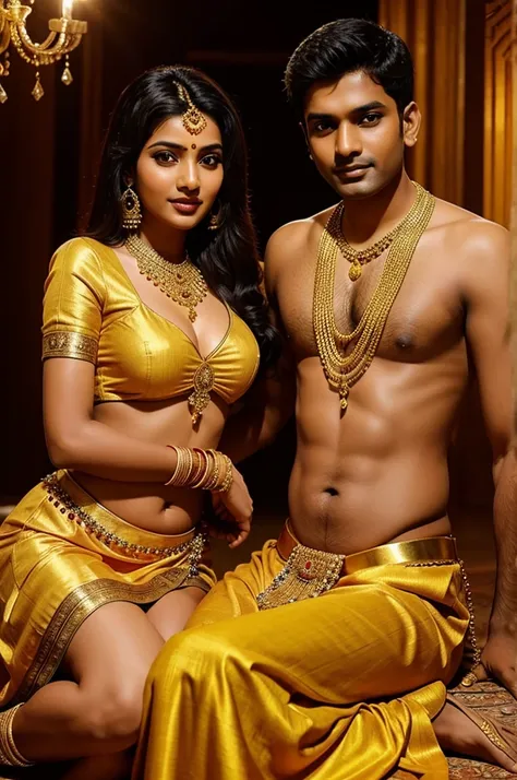 An Indian couple having anul sex; the girl must be wearing a belly chain with a golden dress.