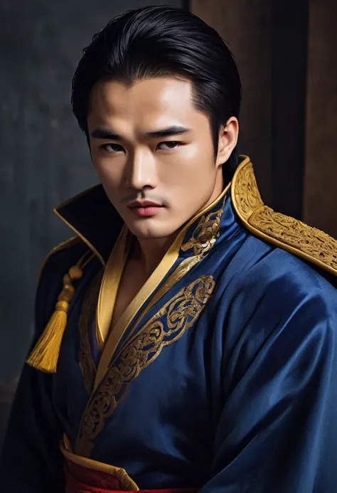 (Male character design), Half body photograph, staring at the camera,
(Handsome Chinese man, King Lan Ling, Tall and curved), (tangle, My hair is very long.), (He wore a navy blue fur coat.), Have fair and delicate skin, Looks like a virgin, Lips as red as...