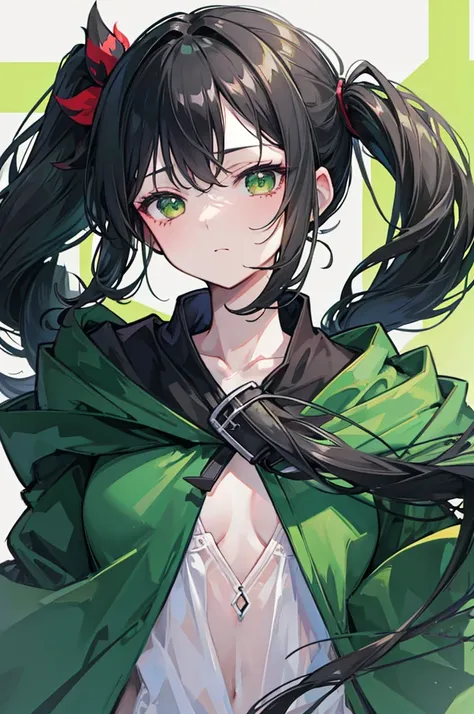 portrait, upper body face through torso, black hair, long wavy side ponytail, eromanga, half closed eyes, green eyes, boring face,dark green cloak, B cup