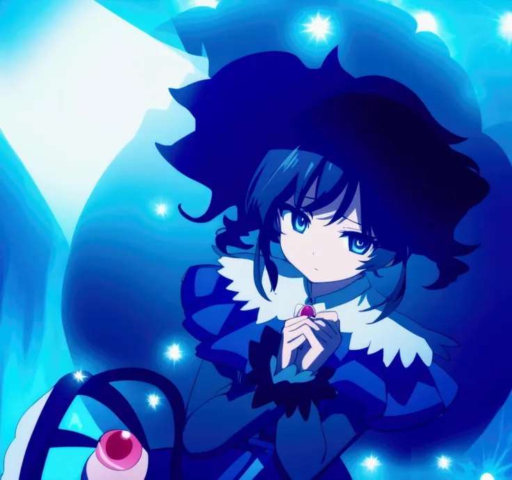 Anime girl with blue hair and blue dress, blue aura, from toho, ulcer toho, ulcer, ulcer from toho, toho character, an anime portrait of ulcer, toho, dreamy psychedelic anime, magical girl anime Mahou Shojo, Fubuki, an aura of magic around her, black-haire...