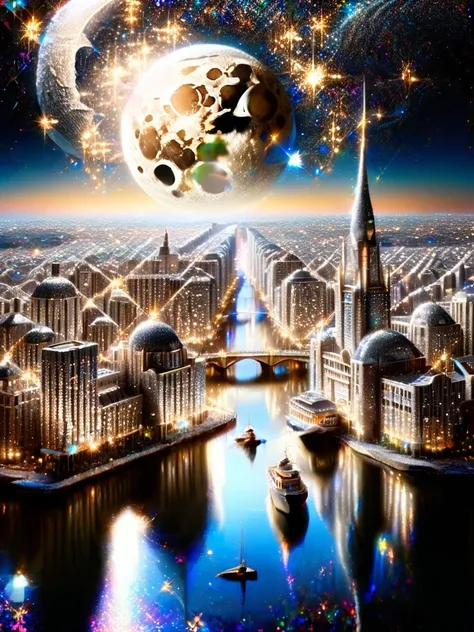 A metropolis of a city covered with ral-glitter glittering in the moon light 