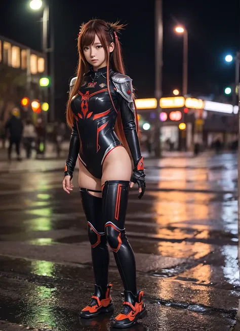 Highest quality, masterpiece, Realistic, photoRealistic, One girl, alone, View your viewers, whole body, Are standing, Long Hair, asuka Cosplay costume, Cosplay, Plug Suit, Bodysuits, hair ornaments, Detailed Background, On the street, night, Light, rain, 