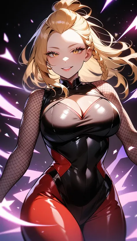 1girl,solo,super detailed skin,shiny skin,angelic smile,blonde hair,bangs pinned back,asymmetrical bangs,side braid,half open eyes,eyelashes,lips gloss,large breasts,fullbodysuit,fishnet arms,cleavage cutout,ninja clothes ,cowboy shot,light magic,simple ba...