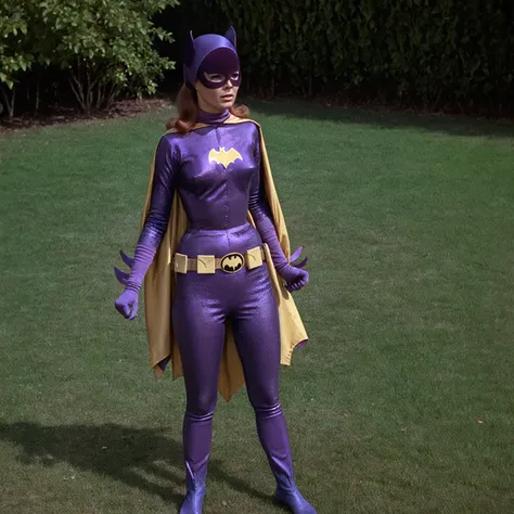 yvonne craig woman, standing facing camera, shrugged shoulders, her body is tied, she squeezed, she is in pain , 60s style, analog film, on grass, film grain